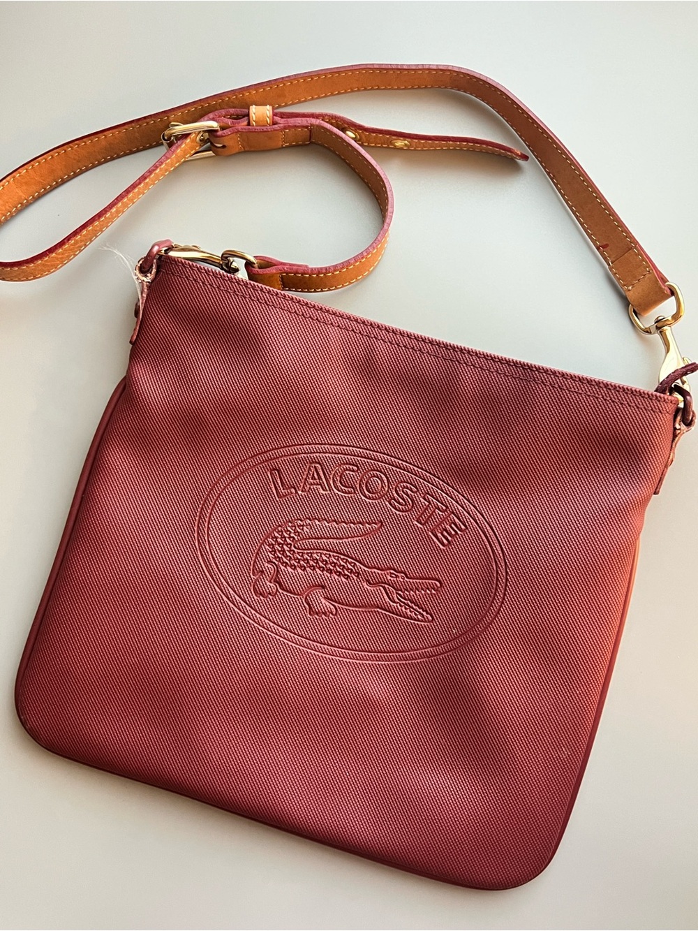 Lacoste Burgundy Red Embossed Croc Crossbody Bag with Tan Strap Gold Hardware